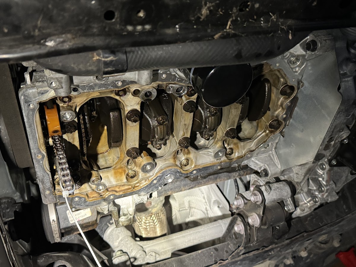 Engine open with the timing chain visible
